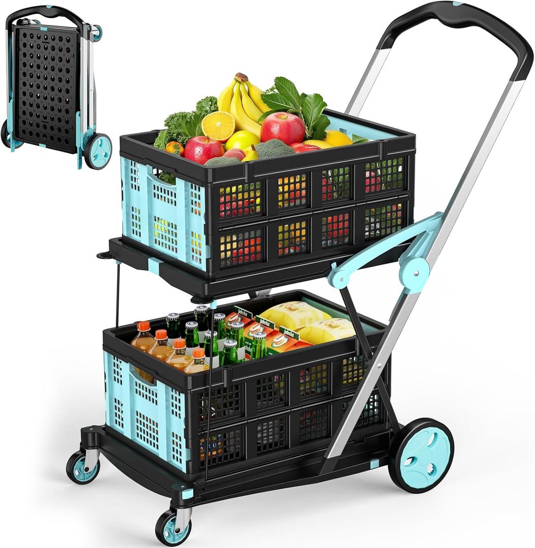 Collapsible Shopping Cart with Wheels, 200 lbs Foldable Shopping Cart with 2 Storage Crate, Multi Use Functional Grocery Cart with Foot Brake for Groceries/Office/Warehouse/Supermarket, Blue