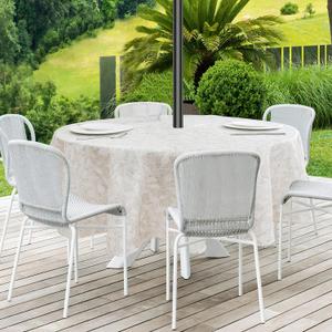 Abstract Leaf Outdoor Round Tablecloth with Umbrella Hole, Waterproof Table Cloth Hidden Zipper Outdoor Party Cafe Decorative Table Cover Wrinkle Free Spillproof (70" Round, 6-8 Seats, Beige, 1 Piece)