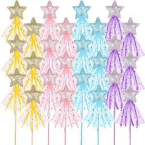 Honoson 24 Pcs Glitter Star Magic Wand Princess Wand Fairy Angel Star Stick with Ribbon for Girl Kid Birthday Wedding Princess Dress up Role Play Party Supply Favor, Pink Purple Gold Blue