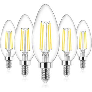 Ascher E12 Candelabra LED Light Bulbs 60 Watt Equivalent, Daylight White 5000K, Non-Dimmable, 550 Lumen, Clear LED Filament Candle Bulbs, Pack of 5