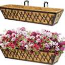 Window Boxes Planters: 2 Pack 24 Inch Railing Planter Box with Adjustable Brackets for Porch Fence Patio Balcony Hanging Flower Baskets with Coco Liners for Outdoor Garden Decor - Bronze