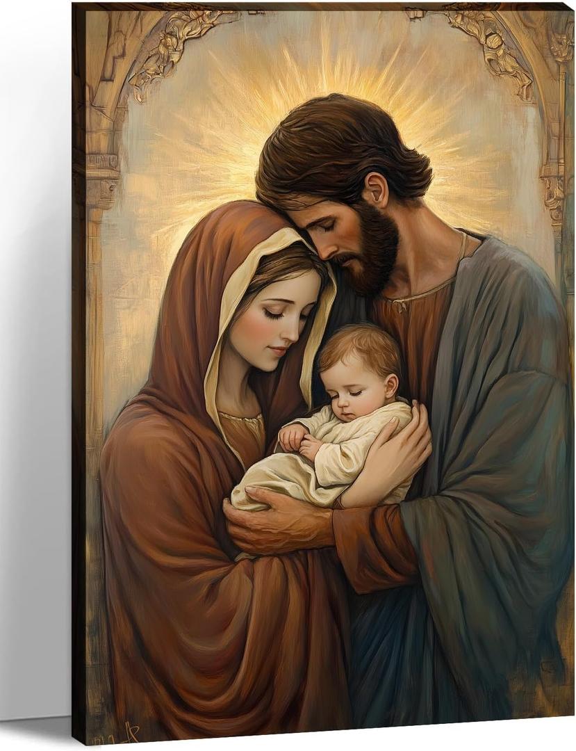KPLUNDO Holy Family Canvas Wall Art Catholic Art Jesus and Virgin Mary Picture Christian Painting Print for Living Room Bedroom Home Decor Frame,16.00x24.00 inch