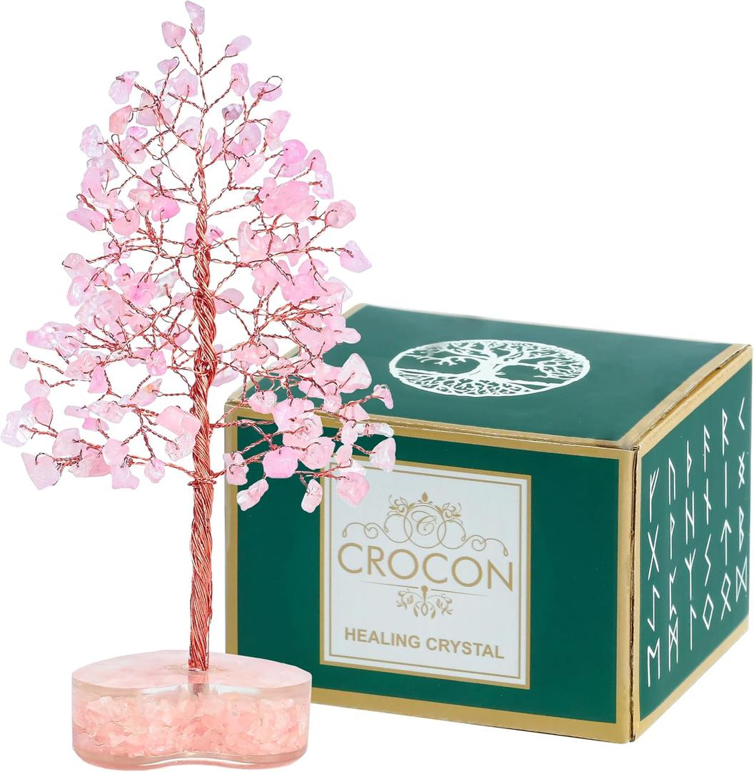 Crocon Rose Quartz Heart Shape Base Crystal Tree Gifts for Women, Healing Crystals Tree of Life Present Crystal Feng Shui Bonsai Trees for Positive Energy Good Luck Home & Office Decoration Gifts