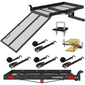 WILDROAD Hitch Cargo Carrier with Ramp 48" x 26" x 4" 500 LBS Folding Trailer Hitch Steel Wheelchair and Mobility Scooter Carrier Fits 2" Receiver with Stabilizer and 4pcs Ratchet Straps