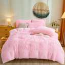 Besfunny Fluffy Pink Comforter Cover Twin Set  Plush Fluffy Pink Bedding 2-Piece Set (1 Furry Duvet Cover + 1 Shaggy Pillow Sham) Cozy Faux Fur Bed Set