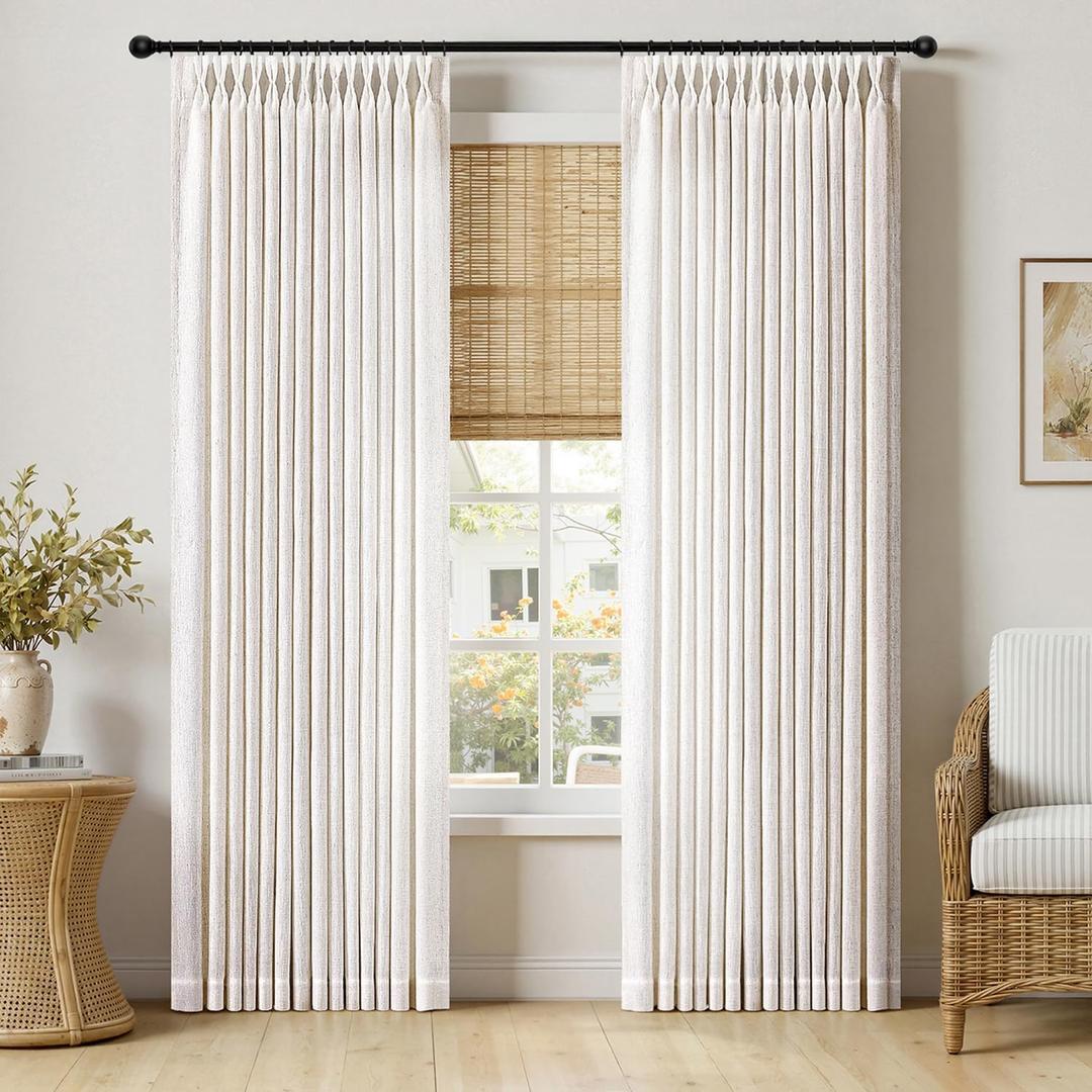 MIULEE Extra Wide 60 Inch Width Pinch Pleated Thick Linen Curtains 90 Inches Long 2 Panels for Patio Sliding Glass Door Living Room Bedroom Large Windows, Memory Trained Nautral Drapes Hooks&Rings | Natural, 60"W x 90"L (Pack of 2)