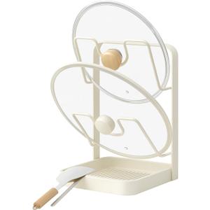 Kitchen Pot Lid Storage Rack, Double Layer Pot Lid Organizer Rack & Holder While Cooking, Metal Pot Lid Stand with Spoon Rest and Removable Drip Tray, Space-Saving Design (Beige, 2)