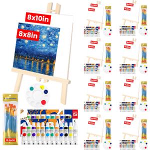 208 Pieces Canvas Painting Kits for Adults Kids, 8 Set 12 Color Acrylic Paint Kit, 16 Canvases, 8 Wood Easels, 8x10 Size Brushes, 8 Palettes, 8inch Canvas and Easel Set for Party Artists and Beginner