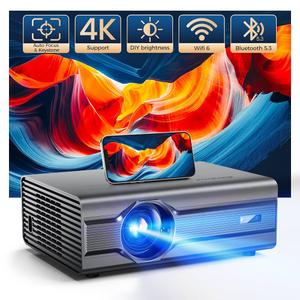 Projector, [Auto Focus/6D Keystone] Projector with WiFi 6 and Bluetooth 5.2, 600 ANSI Native 1080P 4K4P Supported 300'' Screen, Movie Projector Compatible with PowerPoint/HDMI/USB/TV Stick (Grey)