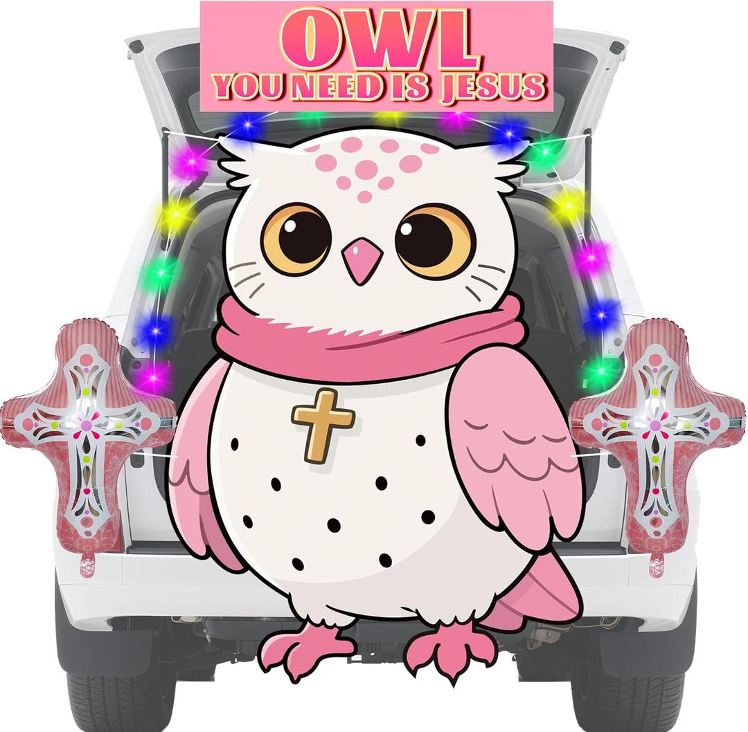 Halloween Religious Trunk Or Treat Car Decorations Kit, Owl Religious Themed Banner with Cross Balloons for Suv Church Archway Garage Door Halloween decorations