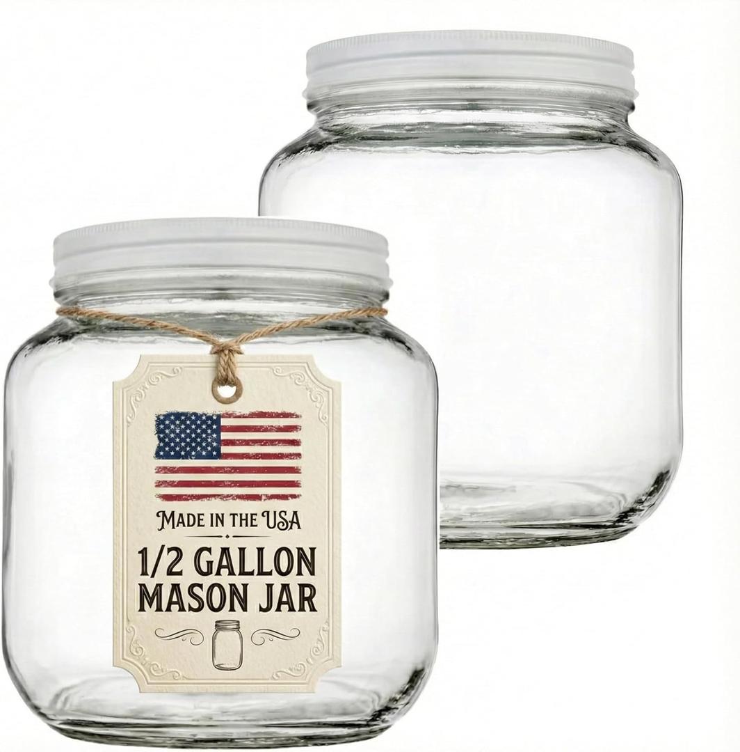 64 oz Mason Jars Wide Mouth - 1/2 Gallon Glass Jar with Lid - Large Mason Jar for Canning, Brewing, Pickling, Storage - Big Mason Jar Made in USA (2 Pack)