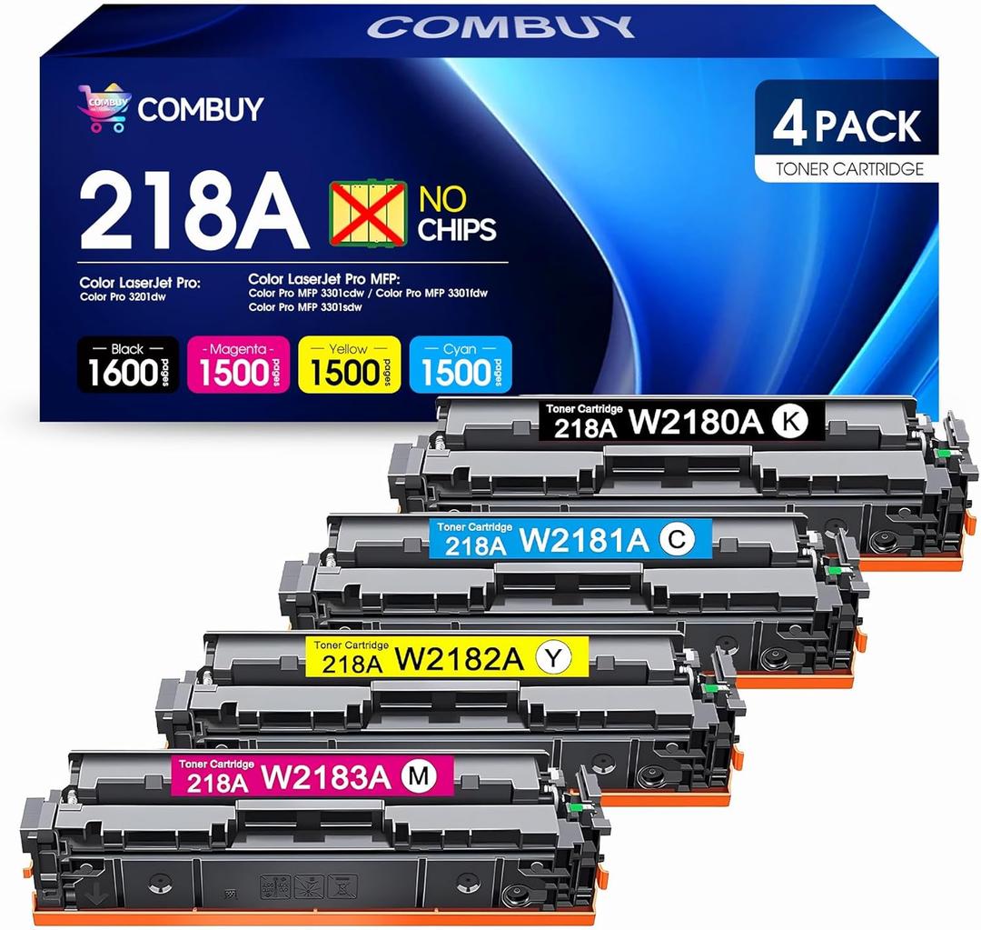 COMBUY 218A Toner Cartridges 4 Pack (NO CHIP) Replacement for 218A Toner Cartridges 4 Pack W2180A 218X W2180X for Color Pro MFP 3301fdw 3201dw 3301cdw 3301sdw Printer Black Cyan Magenta Yellow
