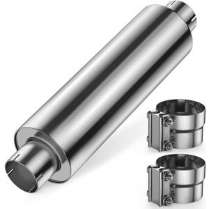 JY PERFORMANCE 4 Inch Inlet Diesel Muffler Exhaust with Clamp- 7" x 24" Body - 30" OAL - Straight Through - Stainless Steel - Welded On Resonator, Polished - TIG Welding