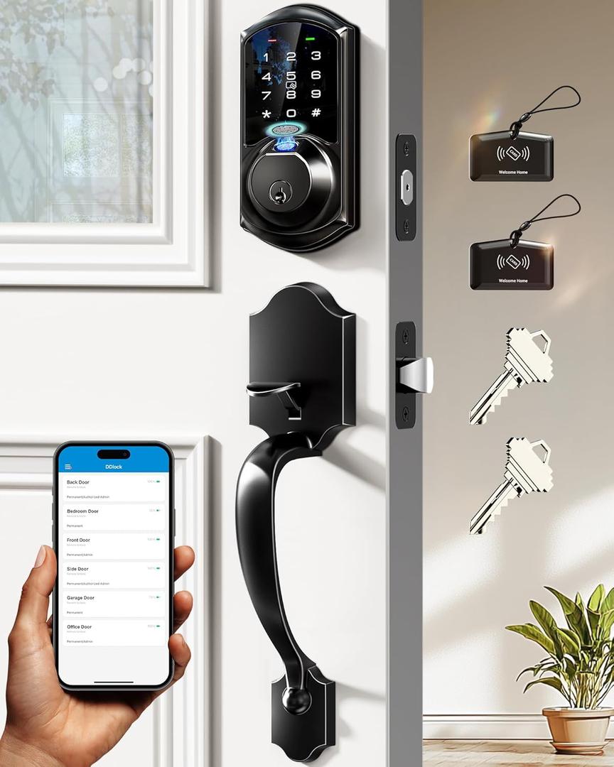 Veise VE07-H Fingerprint Smart Locks for Front Door with Handle Set, App Control, Keyless Entry Keypad Deadbolt, Digital Electronic Touchscreen, Easy Install, Auto Lock, Matte Black