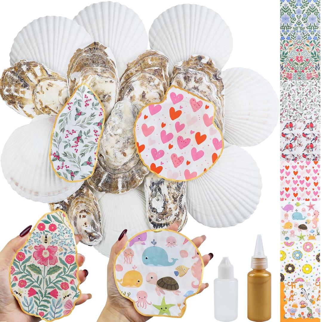 Fangoo 4-5'' 16Pcs Large Natural White Oyster Shells for Crafts 32Pcs Decoupage Paper Napkin Acrylic Paint Brush White Natural Sea Shells for Crafting Christmas Holiday Ornaments Jewelry Tray Decor