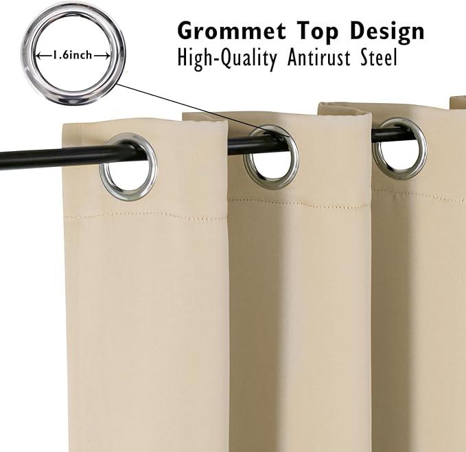 ChrisDowa Grommet Room Darkening Curtains for Bedroom and Living Room - 2 Panels Set Thermal Insulated Blackout Curtains (Beige, 52W x 63L