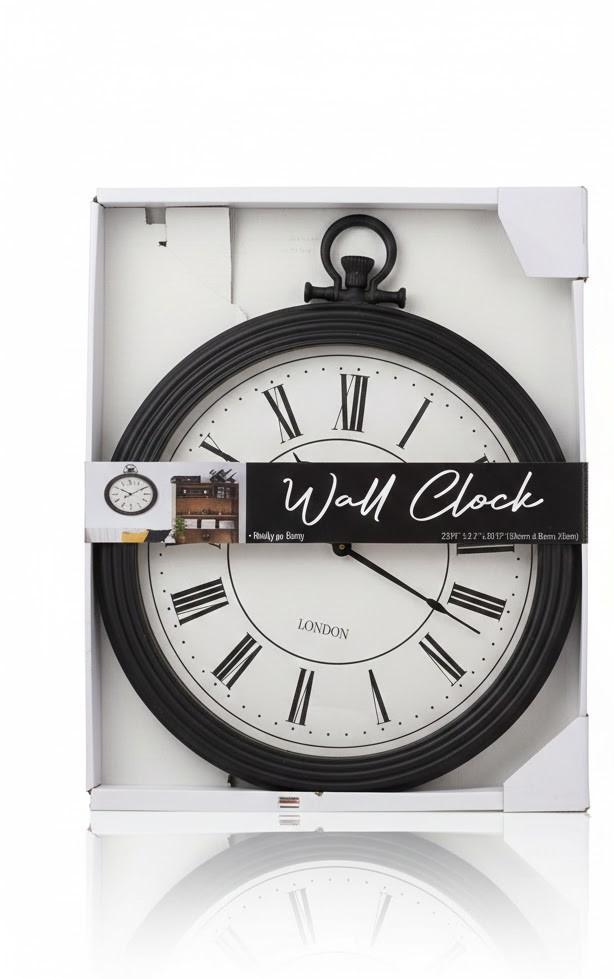 Roman Numeral Wall Clock, Ornate Black Metal Frame, Vintage, 23.75 x 28.75 inches