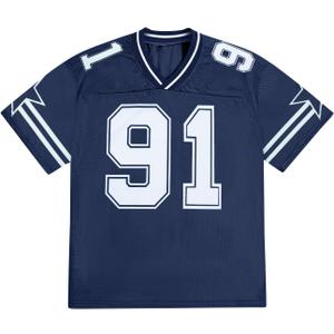 Jersey Shirts for Men Y2k Graphic Number Oversized Tees V Neck Baggy Streetwear T Shirt Summer Tops (Large, Blue)