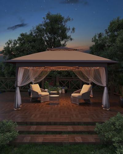 Pop Up Gazebo 11x11，Canopy Tent with Mosquito Netting, One Push Setup for Backyard Patio Garden with 4 Sand Bags- Khaki