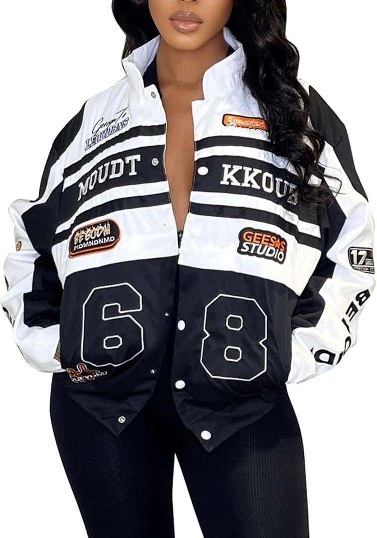 KANSOON Varsity Jacket Women Motorcycle Racer Detachable Letter Graphic Jackets Vintage Color Block Baseball Coat (Small, Black)
