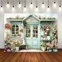 Lofaris Spring Easter Shoppe Backdrop Garden Grass Flower Bunny Rabbit Green Door Window Photography Background Easter Day Party Decorations Portrait Photo Booth Studio Props 7x5ft