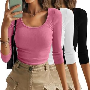 Xaatren 3 Pack 3/4 Length Sleeve Tops for Women Ribbed Scoop Neck Slim Fitted T-Shirts Summer Casual Basic Tight Tees Small,  Black, White, Pink Xaatren 3 Pack 3/4 Length Sleeve Tops for Women Ribbed Scoop Neck Slim Fitted T-Shirts Summer Casual Basic Tight Tees Small,  Black, White, Pink