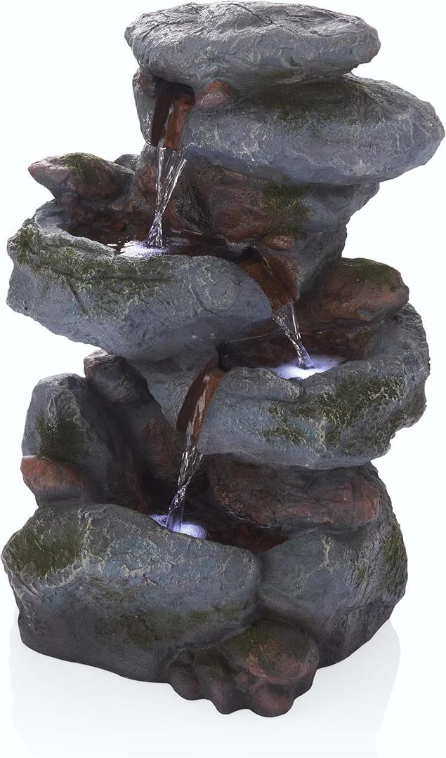 Alpine Corporation - Outdoor 3-Tier Rock Waterfall Fountain with LED Lights for Garden, Patio, Yard, and Porch Decor, Natural Stone Look, 22" H (Gray)
