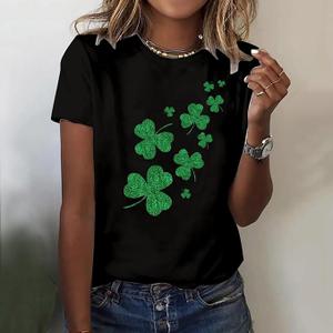 Women’s St Patricks Day T Shirt – Glitter Shamrock Graphic Tee, Funny Irish Clover Top L