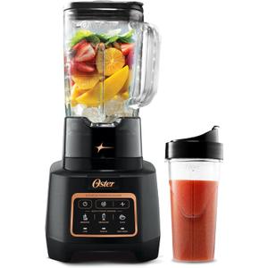 Oster Extreme Mix Blender, 64oz Glass Jar, 3 iBlend Preset Functions, 1600-Watts, 10-Point Blade Stack with Titanium Coating & 24oz Blend-N-Go Cup