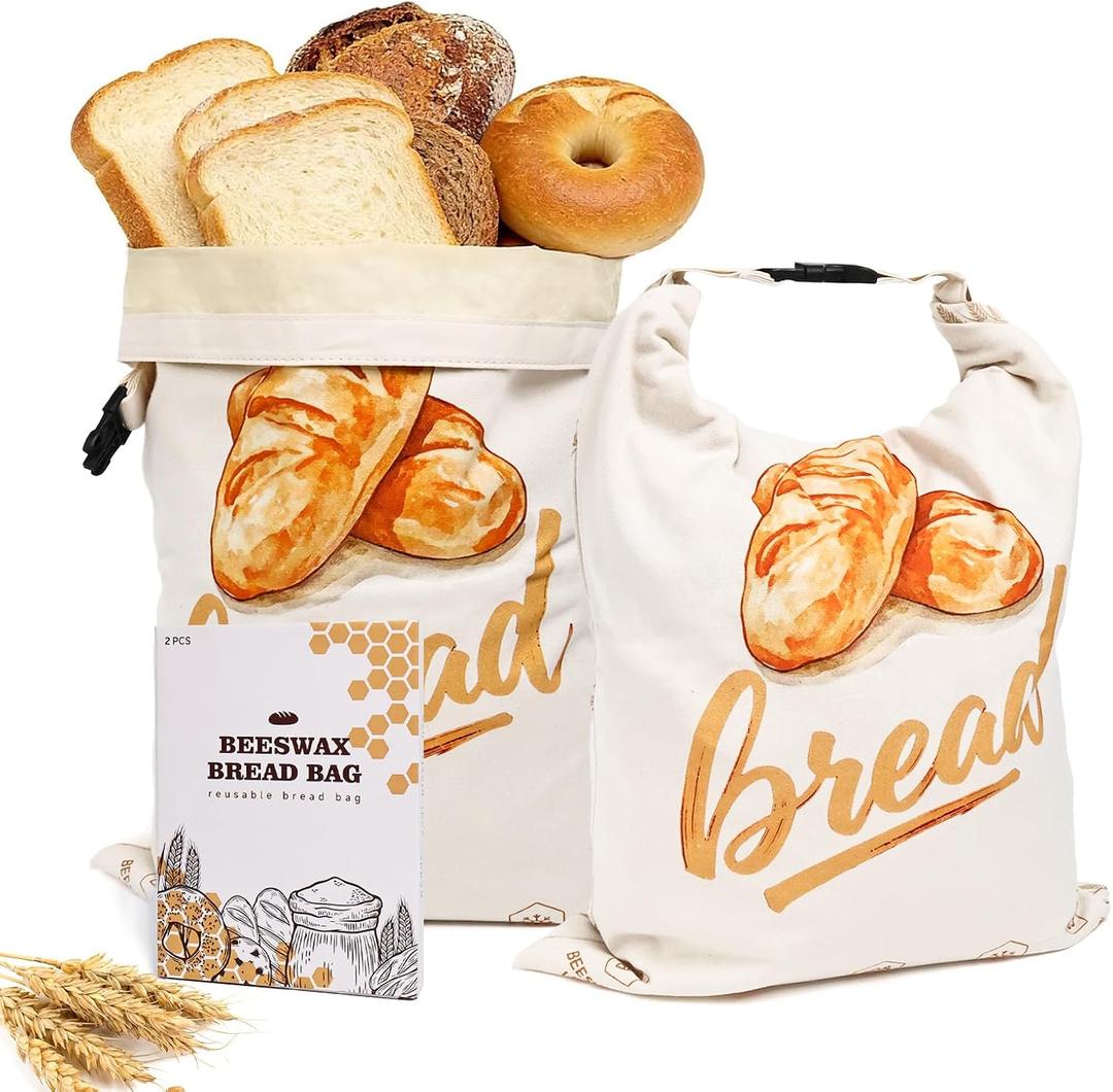 Beeswax Bread Bags Natural Beeswax-Lined Cotton Storage Reusable Sourdough bread bags Bakery Essentials Freshness Keeper for Homemade (2 Pack)