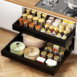 2Pack Expandable Pull Out Cabinet Organizer 21" Deep - Sliding Drawer Organizer Roll Out Shelves Adhesive - Adjustable Width 15.2"-26.2" W (Black)