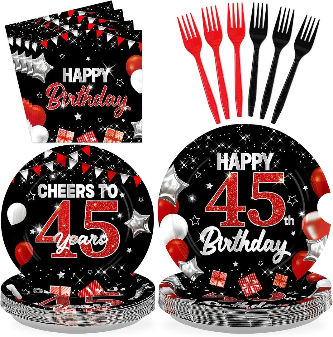 96Pcs Black Red 45th Birthday Decorations - Black and Red Plates and Napkins Happy Birthday Party Disposable Tableware for 1980 Women Men Vintage 45th Birthdays Party Decorations Serves 24