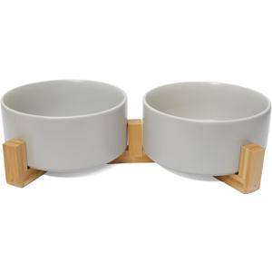 Dog Food Bowl, 13.5 oz Ceramic Food and Water Bowls for Dogs, Pet Dishes Set with Wood Stand, for Small Size Dog and Cat, No Spill Feeding Station with Weighted Base, Grey (1.7 CUPS)