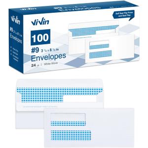 Vivin 100 No.9 Double Window Business Envelopes for Quickbooks Invoices and Business Statements, Flip and Seal Security-Tinted, Home & Office, 3-7/8 x 8-7/8 Inches, 24 LB, White
