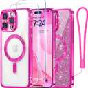 Meifigno Designed for iPhone 16 Pro Max Case 6.9", [Glitter Card & Wrist Strap] [Compatible with MagSafe] [2X Screen Protectors] Surround Raised Lens Protection Designed for 16 ProMax Case, Hot Pink