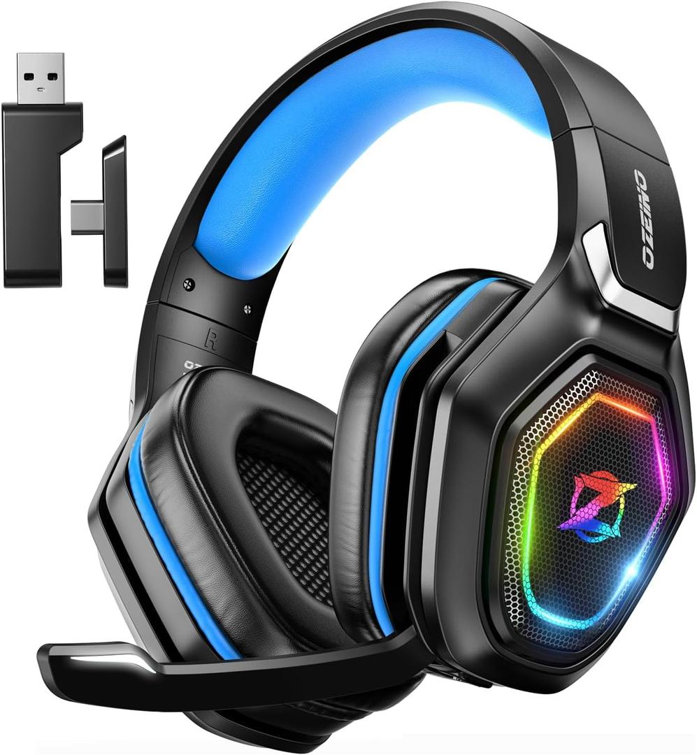 Ozeino 2.4GHz Gaming Headset Wireless with Flip Mic for Ps5, Ps4, PC, Gaming Headphones with RGB Light, 40Hr Battery Bluetooth Headset for Laptop, Mobile, Mac