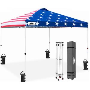EAGLE PEAK Pop Up Canopy Tent with Wheeled Carry Bag, 8 Stakes, 4 Ropes, 4 Weight Bags, Easy Set Up Tent Canopy, 10x10 ft, 100sqft of Shade, American Flag EAGLE PEAK Pop Up Canopy Tent with Wheeled Carry Bag, 8 Stakes, 4 Ropes, 4 Weight Bags, Easy Set Up Tent Canopy, 10x10 ft, 100sqft of Shade, American Flag