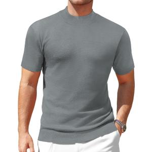 Vssjavun Men's Mock Neck Shirt Short Sleeve Turtleneck T-Shirt Slim Fit Pullover Casual Basic Tee (Large, Dark Grey)