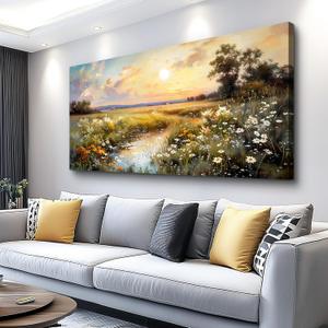 hyidecorart Vintage Farmhouse Wildflower Wall Paintings Canvas Wall Art for Living Room Wall Decor for Bedroom Office Decorations Nature Landscape Picture Artwork Aesthetic Home Decor Ready To Hang (48"L x 24"W, Rural Scenery)
