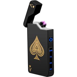 LcFun Electric Lighter Rechargeable USB, Dual Arc Plasma Lighter, Windproof Flameless Electronic Lighters, Pocket Metal Lighters with LED Battery Indication for Candles, Camping (Black Ace)