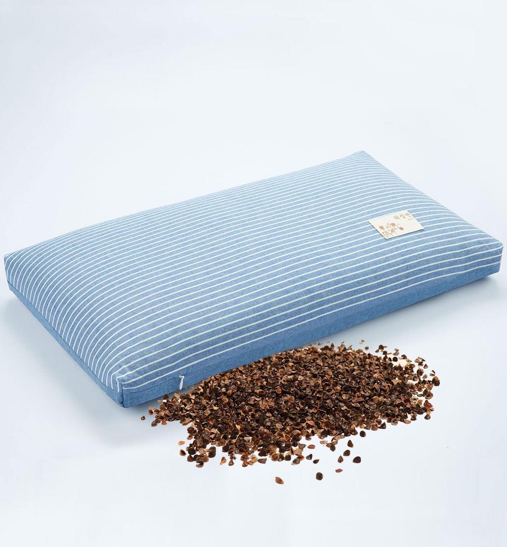 Buckwheat Pillows for Sleeping, Adjustable Hulls Firm Pillow Neck Head Back Shoulder Support for Pain Relief, Small Bed Pillow for Side Back Sleepers, Blue 20"X12" (Medium)
