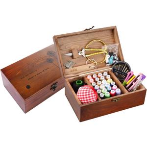 Sewing Kit, Wooden Sewing Kit Box for Adults, Wooden Sewing Basket with Accessories, Home Sewing Basket Stitching Repair Kit for Beginner, Women, Men,Vintage Embroidery Scissors Kit (Retro Brown)