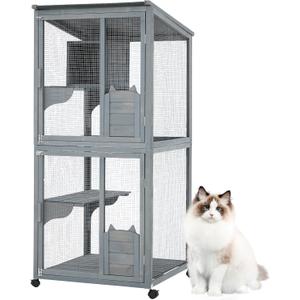 Garvee 4 Tier Cat Enclosure, 69 Inch Large Catio with Wooden Cabin, Weatherproof Roof, Lockable Caster, Solid Steel, Spacious for Multi-Cat Families, Outdoor and Indoor Use, Grey