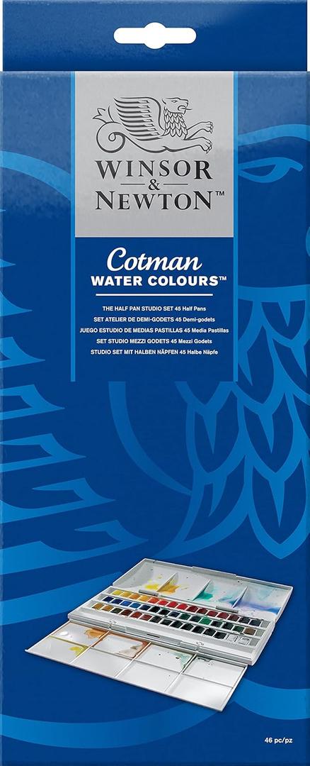 Winsor & Newton Cotman Watercolor Paint Set, Studio Set, 45 Half Pan w/ Brush