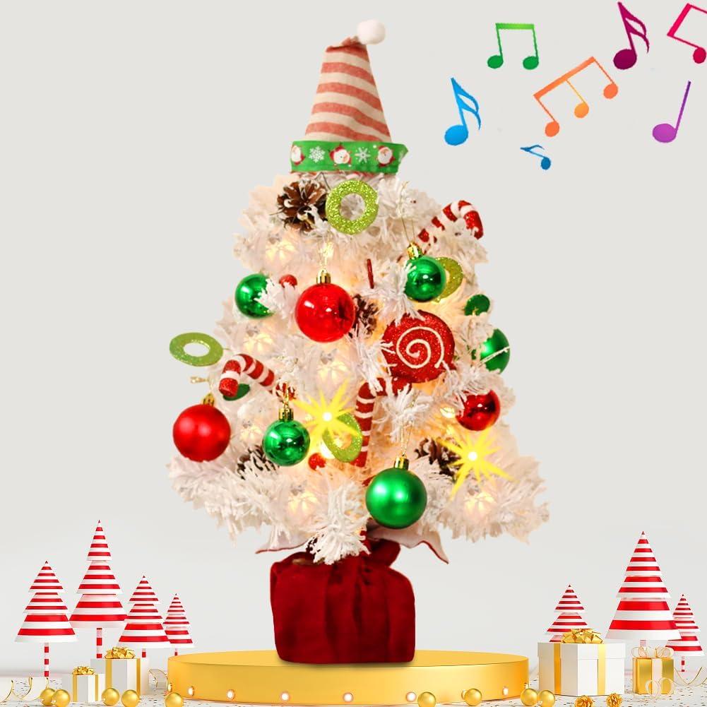 Mini White Christmas Tree, Small Flocked Christmas Tree with Lights and Music Tabletop Artificial Pre-lit Xmas Tree Christmas Decorations Indoor Outdoor for Home Decor Party Gifts (Red + Green)