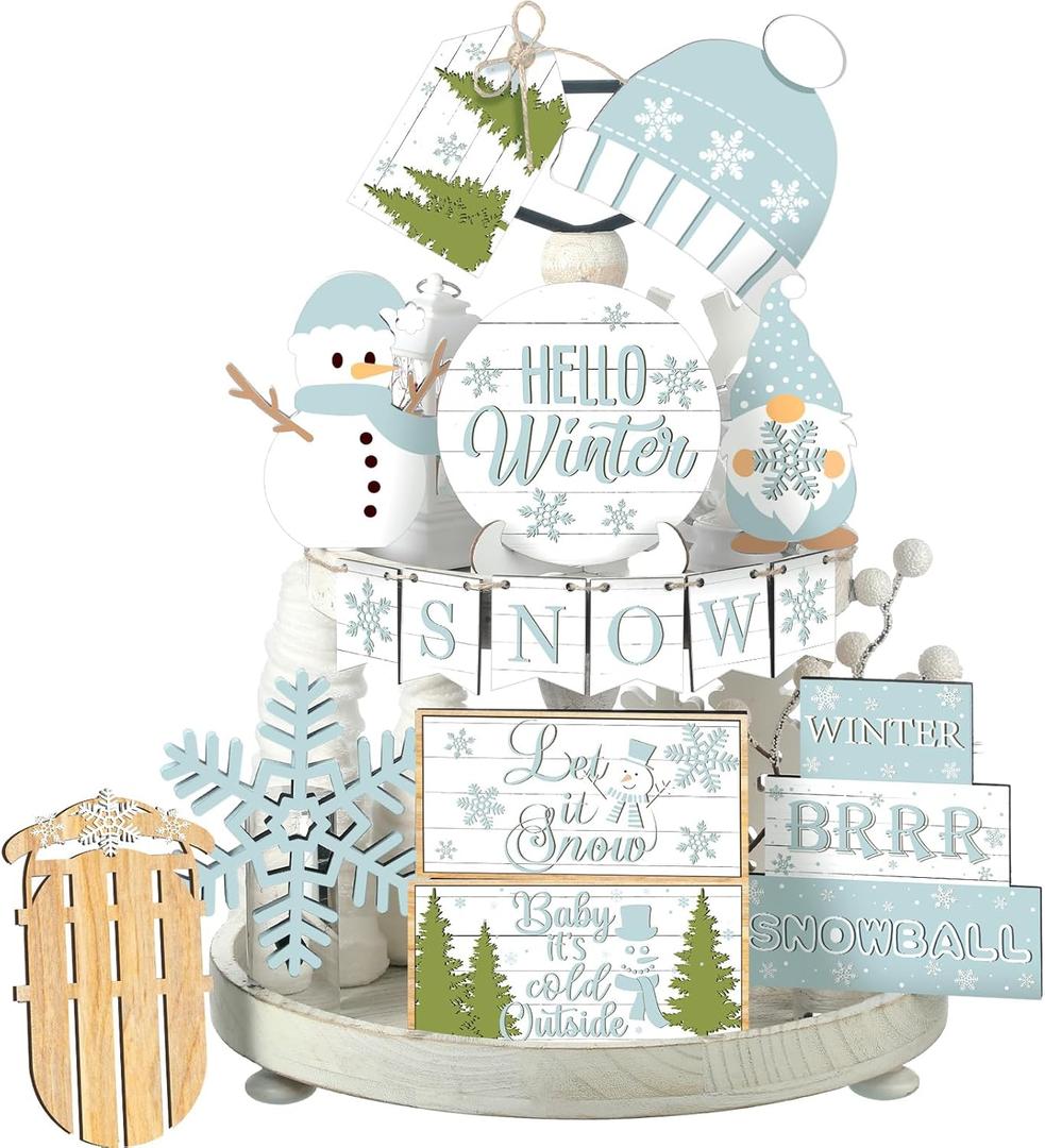 15 Pcs Winter Tiered Tray Decor Snowman and Snowflakes Wooden Signs Farmhouse Winter Tiered Tray Decorations Set Wood Table Decor for Holiday Home Kitchen