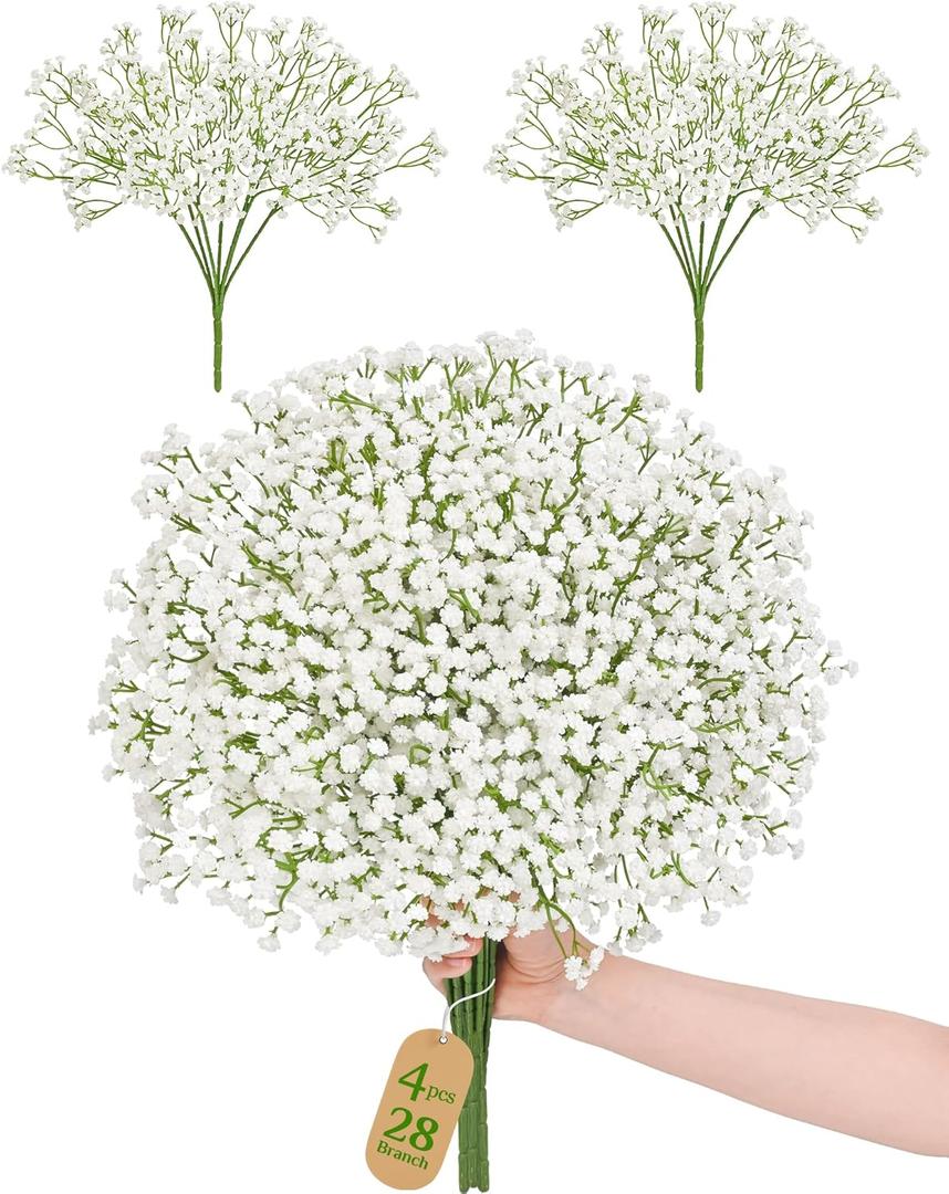 Dolicer 28 Branches Babys Breath Artificial Flowers, 4 Bundles Real Touch Baby Breath Flowers Artificial Bulk, White Fake Flowers, Faux Babies Breath for Wedding Floral Arrangements Home Decor