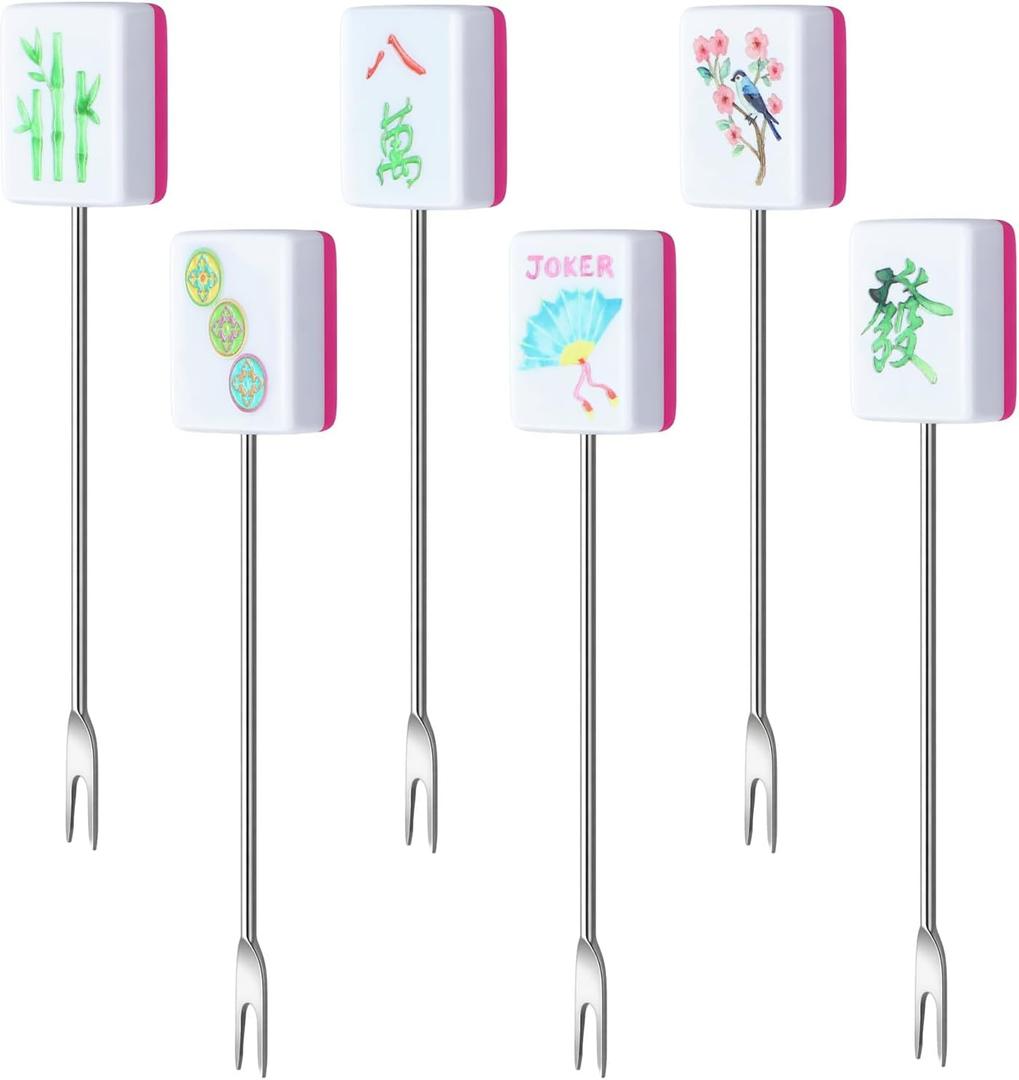 6 Pcs Mahjong Gifts Cocktail Picks for Drinks Mahjong Themed Cocktail Toothpicks Stainless Steel Stirrers Food Serving Toothpicks Garnish Sticks for Appetizers Beverage 3.25"(Artistic Style)