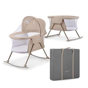 Kinderkraft LOVI Travel Bassinet for Baby, Portable Folding Baby Bed with Built-in Mosquito net, Adjustable Hood and an Additional Cradle Function, Beige, Crib