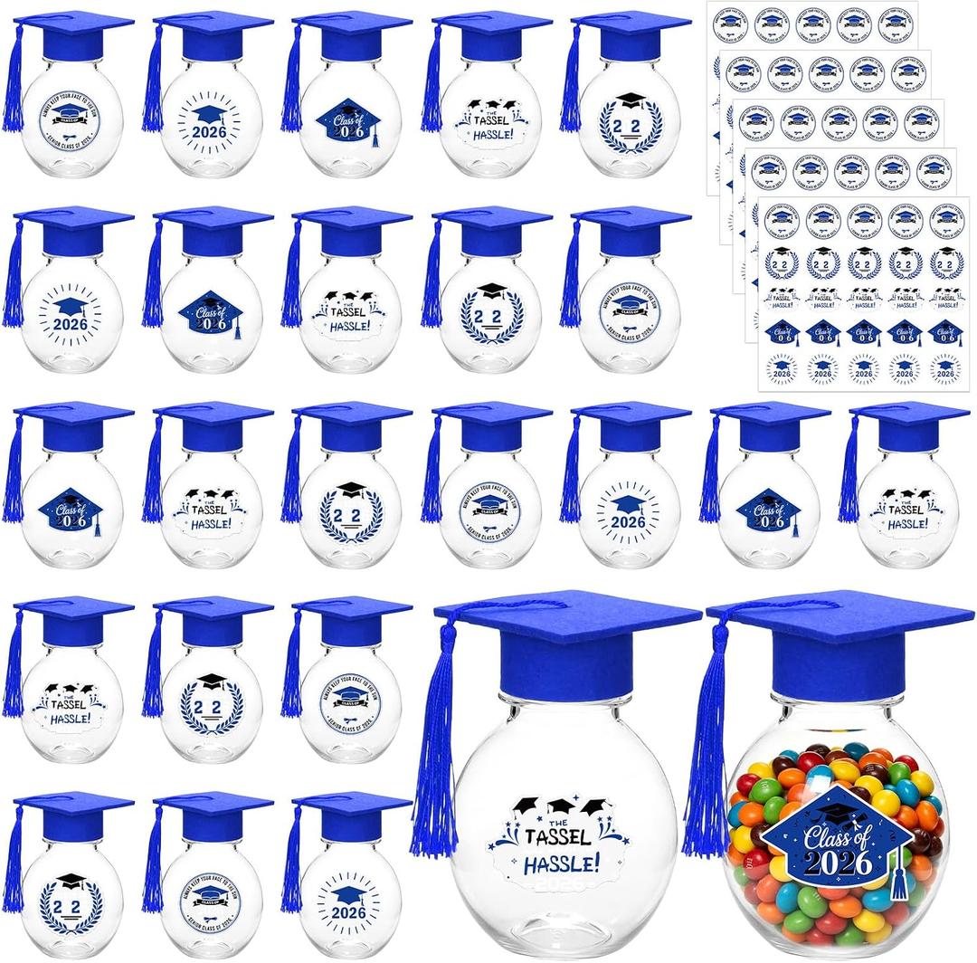 25 Pcs Graduation Cap Candy Jars with Tassels & Stickers - 2026 Graduation Party Favors, Graduation Candy Containers Bulk for DIY Grad Table Party Supply Gifts
